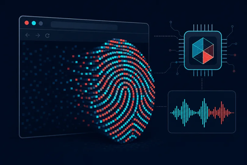 Browser window with unique fingerprint pattern from canvas and hardware probes