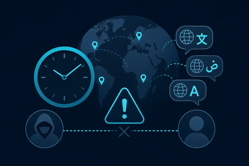 Globe with clock and language bubbles for locale and timezone signals